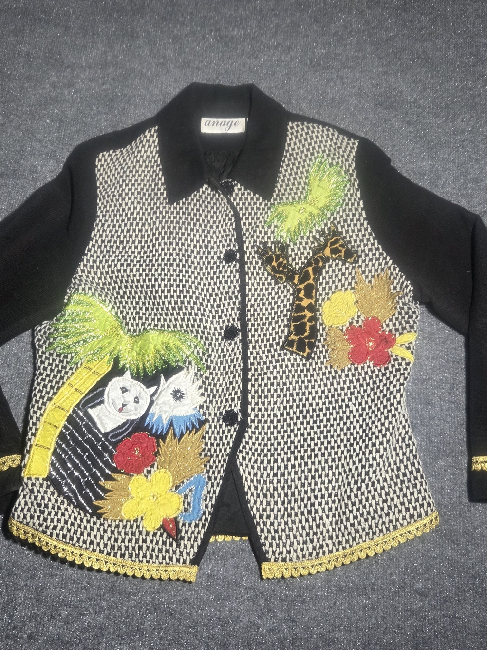 VTG 90s Anage Art to Wear Jungle Safari Embroidered Jacket Small Black Cotton...